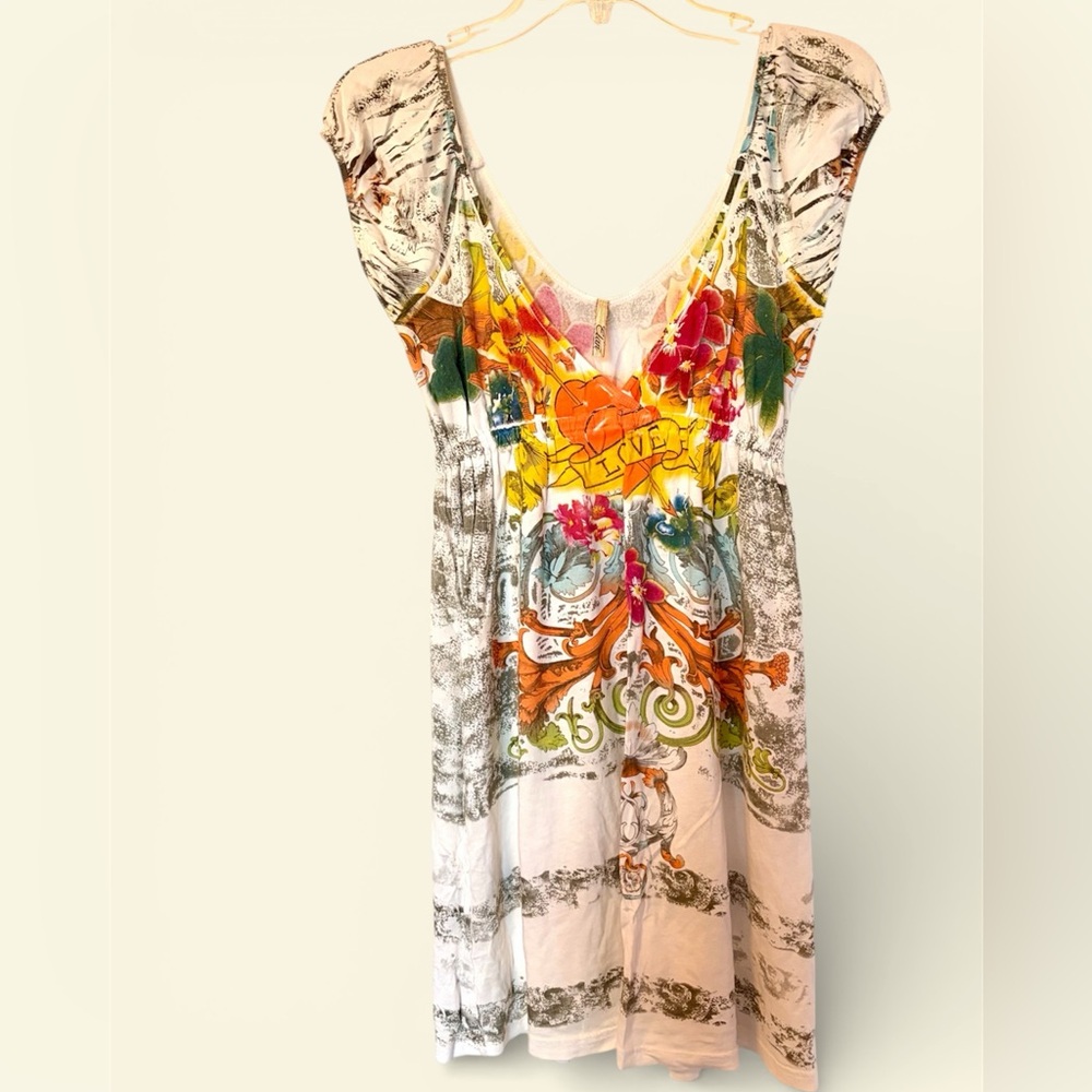 Elan Graphic Sundress Beach Cover-Up LOVE 🧡Artistic V Neck Puff Sleeve💛